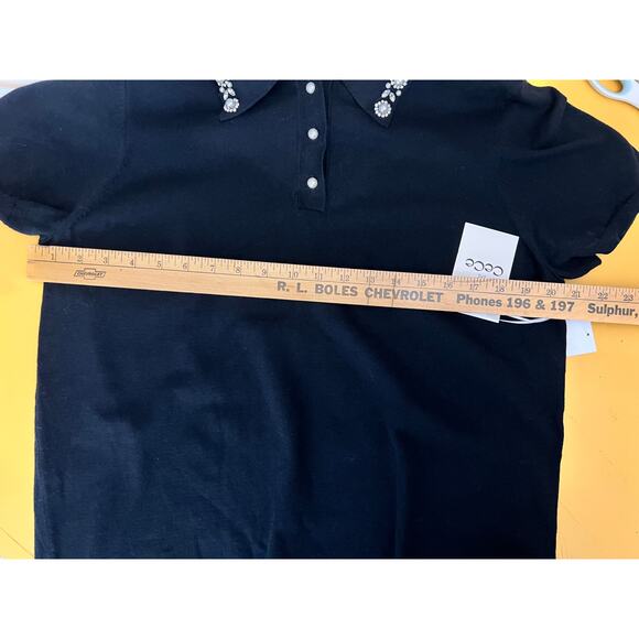 CeCe Embroidered Collar Short Sleeve Polo Sweater Rich Black Women's Size L NWT - Picture 7 of 9